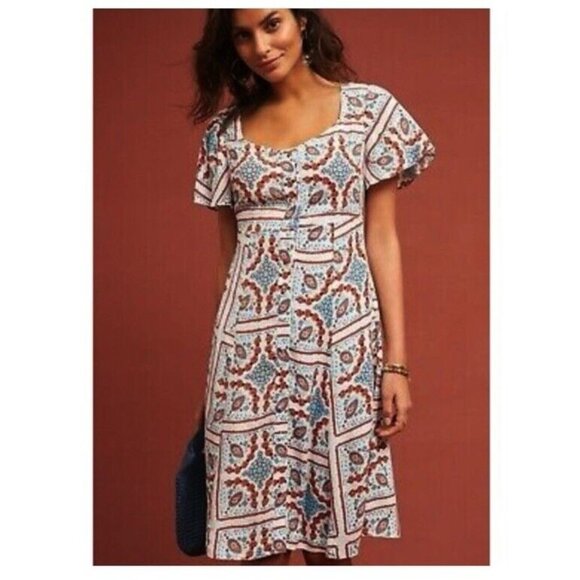 Anthropologie Maeve Dress Size 2 Praslin Button Front Print Flutter Sleeve - Picture 2 of 12